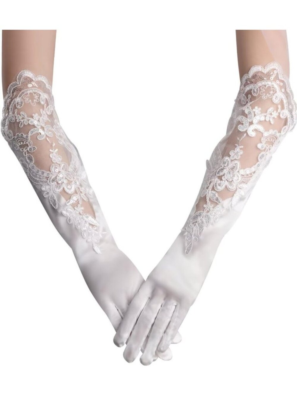 Elegant Elbow Length Lace Wedding Gloves | Sheer Floral Tulle Bridal Party